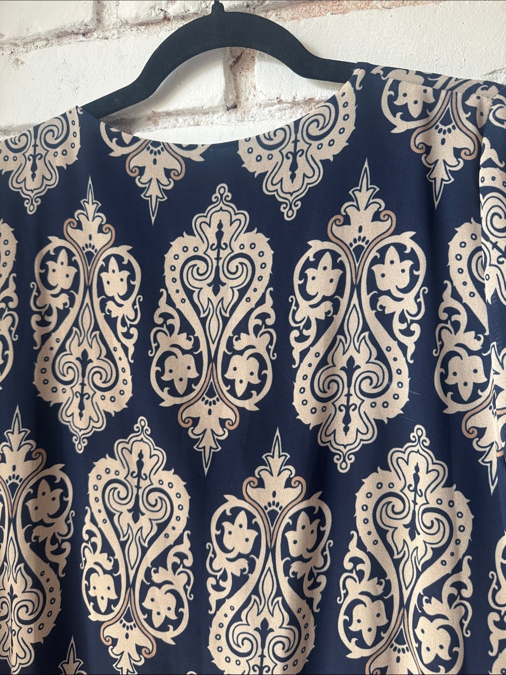 Women's Black Paisley Print Shift Dress with Cream Accents tunic style - Picture 3 of 5